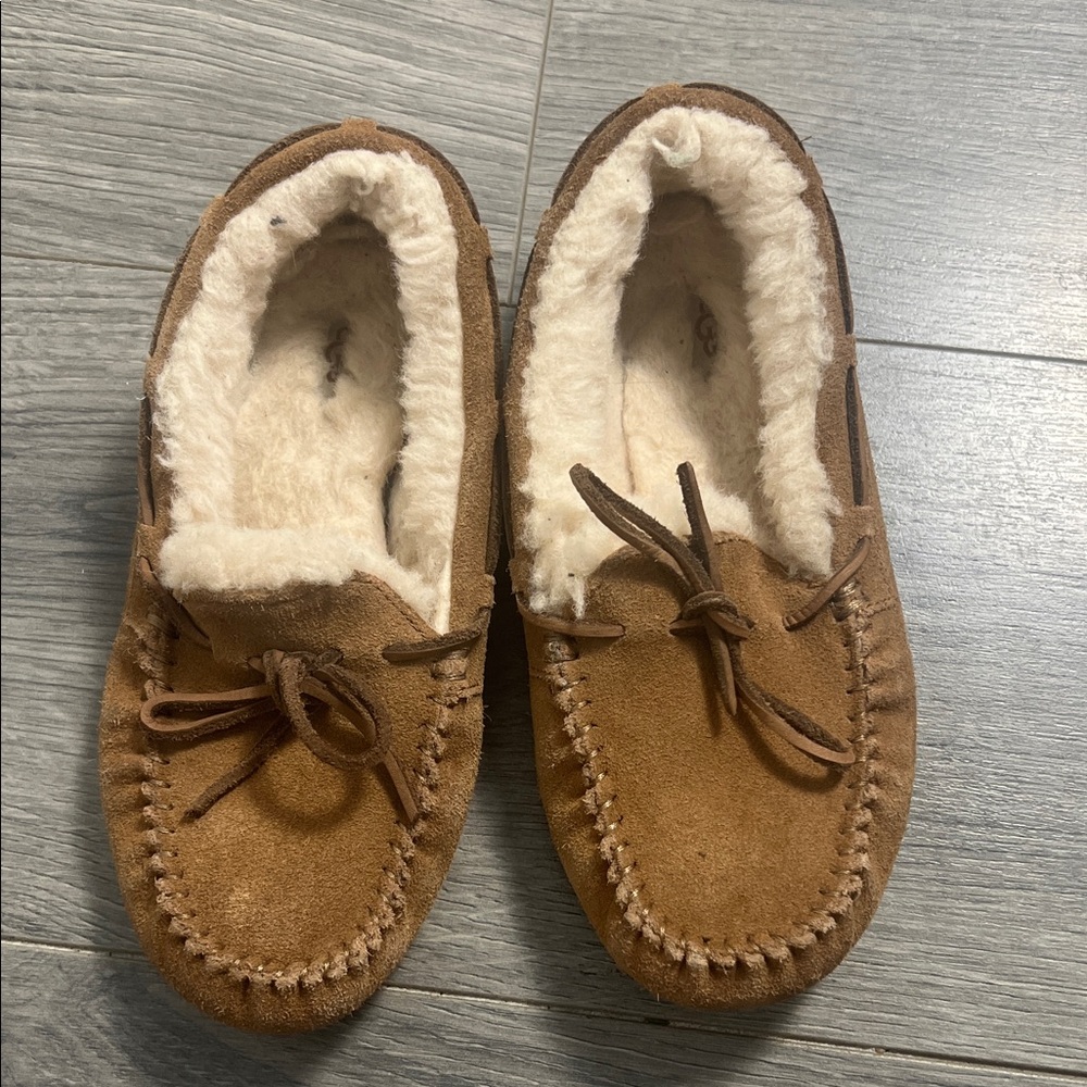 UGG Tan Slippers with Plush White Interior